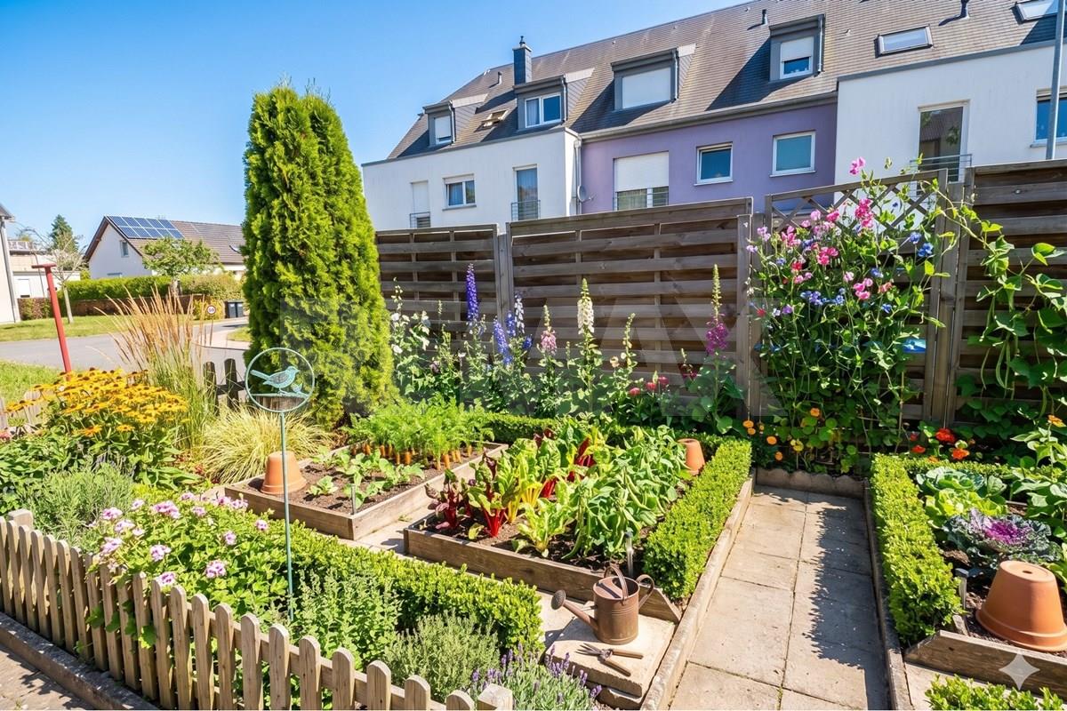Sunny enclosed garden with raised vegetable beds, flowers, hedges, a narrow paved path, timber fencing, and neighboring houses beyond.