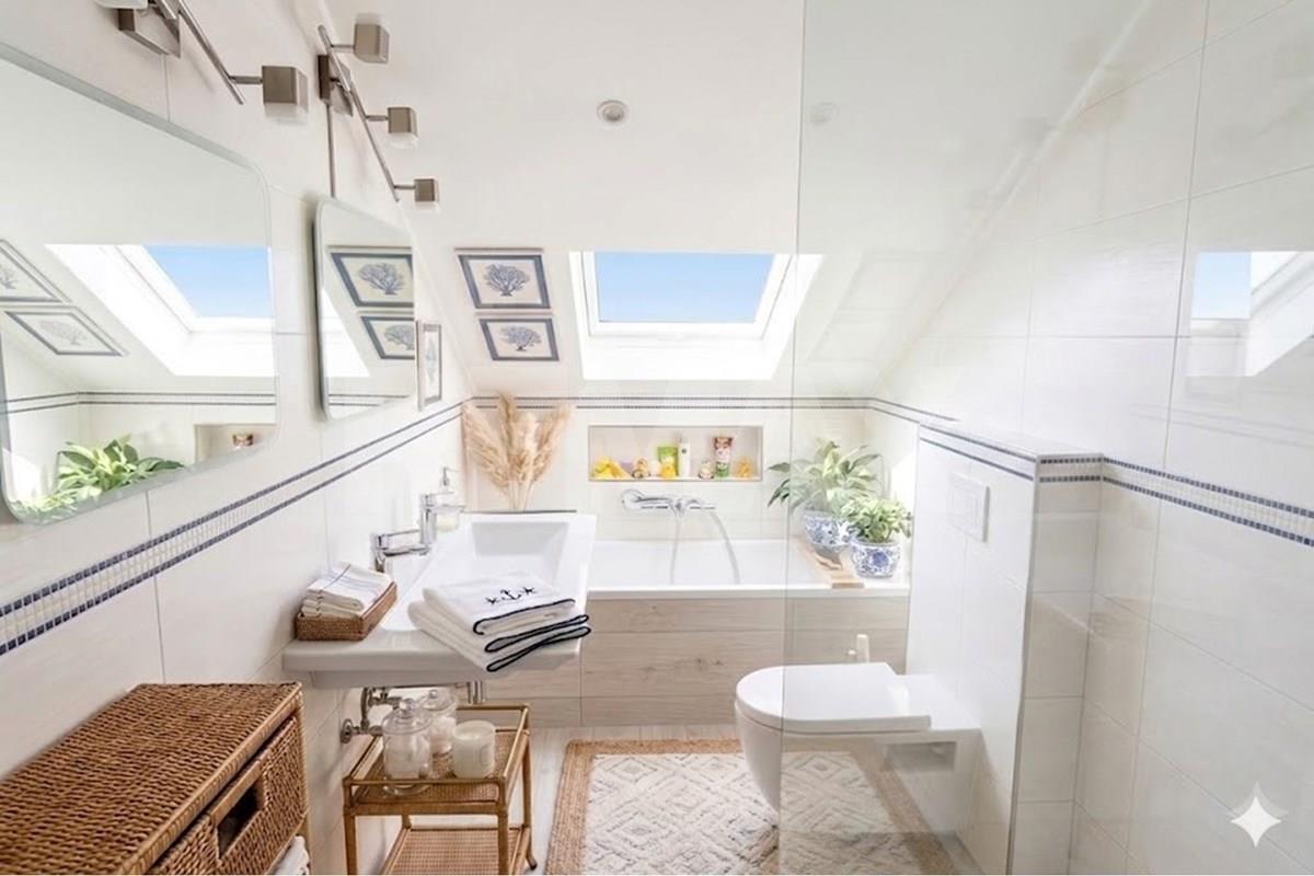 Bright white bathroom with a bathtub, wall-mounted toilet, broad sink and mirror cabinet, large window, wood-effect vanity, and blue trim.